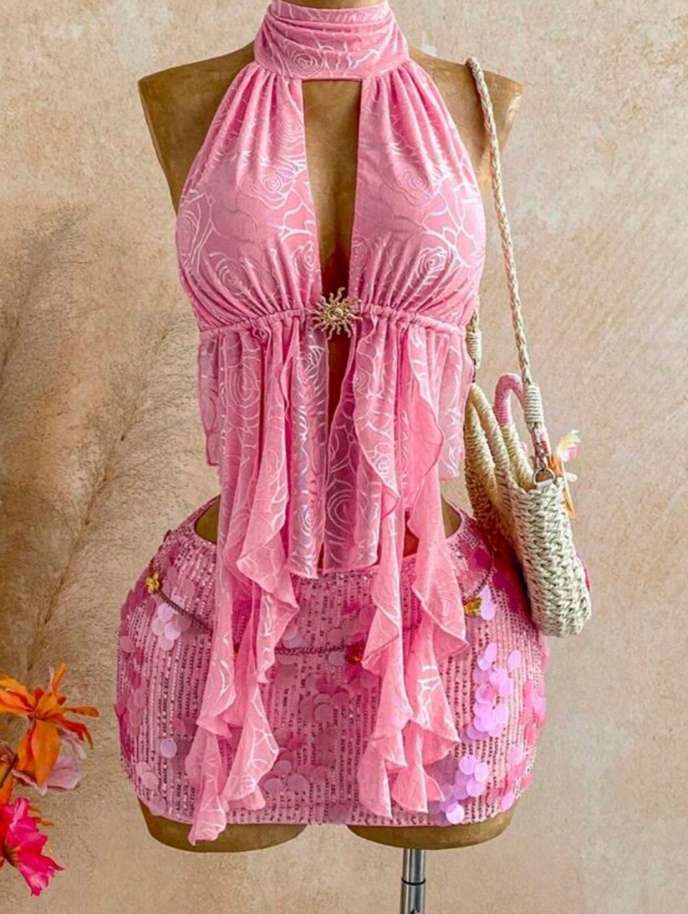 Pink Floral Halter Ruffle Mini TOP